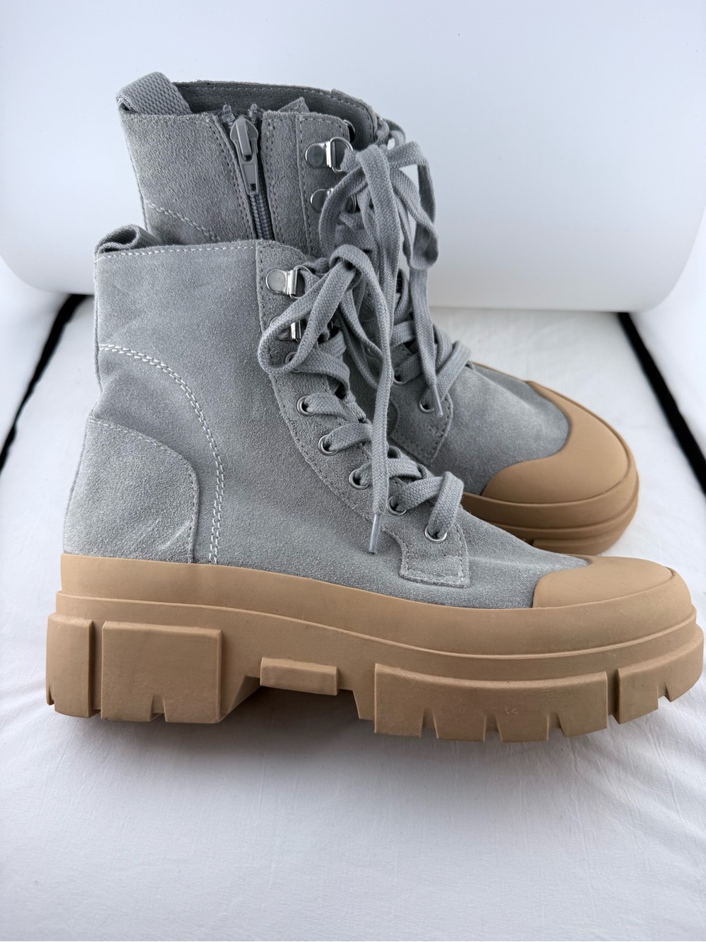 Treasure and Bond Gray Suede Lace-Up Platform Boots with Tan Rubber Sole